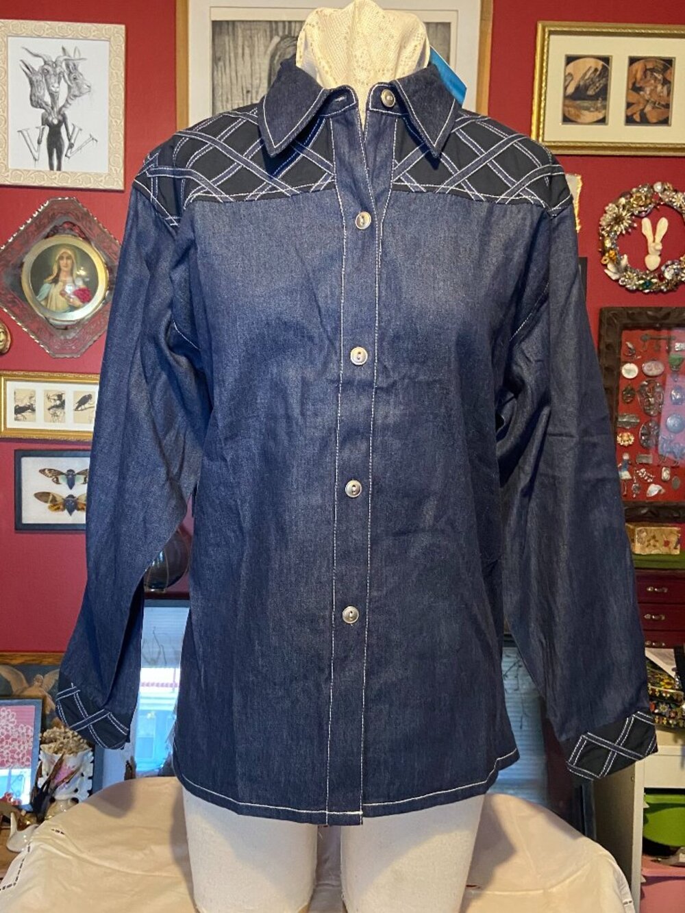 Vintage Denim Button Down Western Style Shirt New With Tags Euro Joy Brand 80's